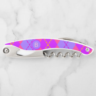 Bright Pink and Blue Argyle Pattern Monogram Corkscrew
