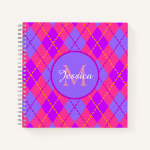 Bright Pink and Blue Argyle Pattern Monogram Notebook