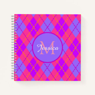 Bright Pink and Blue Argyle Pattern Monogram Notebook