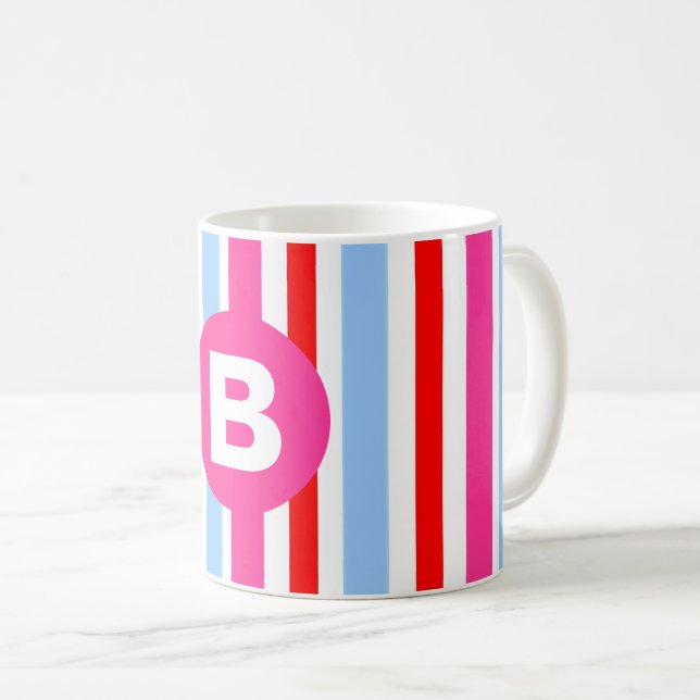 Bright Pink and Blue Candy Stripes Monogram Coffee Mug (Front Right)