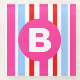 Bright Pink and Blue Candy Stripes Monogram Glass Coaster