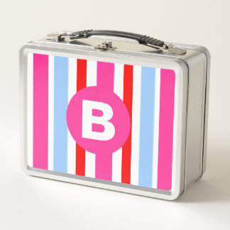 Bright Pink and Blue Candy Stripes Monogram Metal Lunch Box