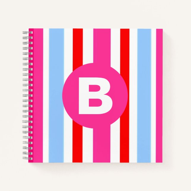 Bright Pink and Blue Candy Stripes Monogram Notebook (Front)