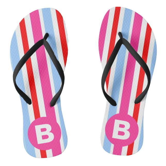 Bright Pink and Blue Candy Stripes Monogram Thongs (Footbed)