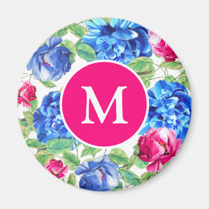 Bright Pink and Blue Floral Pretty Monogrammed Magnet