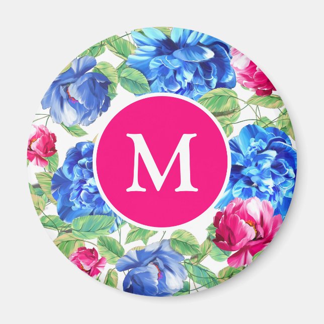 Bright Pink and Blue Floral Pretty Monogrammed Magnet (Front)