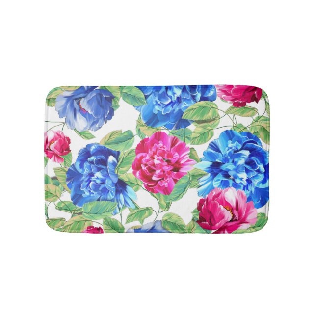 Bright Pink and Blue Floral Pretty Pattern Bath Mat (Front)