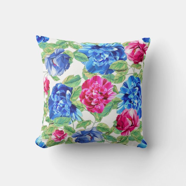 Bright Pink and Blue Floral Pretty Pattern Throw P Cushion (Front)