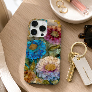 Bright Pink and Blue Stained Glass Floral iPhone 16 Pro Case