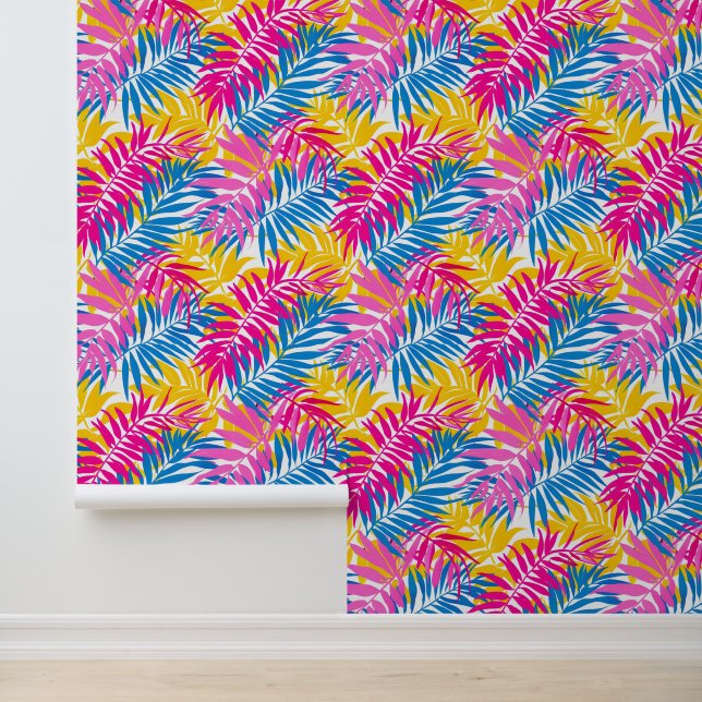 Bright Pink and Blue Summer Tropical Palm Leaves Wallpaper (Application)