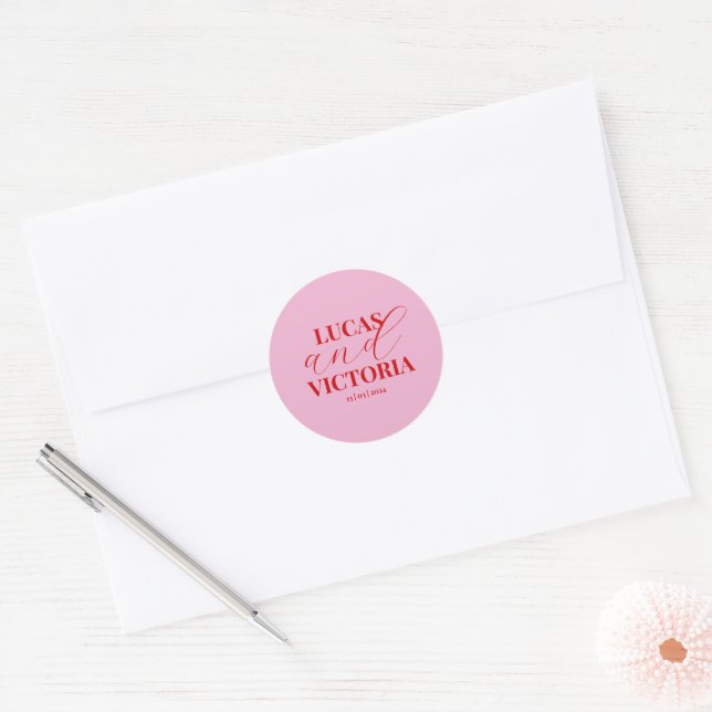 Bright pink and bold red wedding classic round sticker (Envelope)