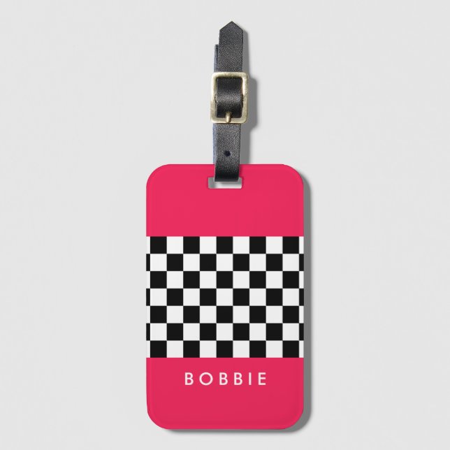 Bright pink and chequerboard luggage tag (Front Vertical)