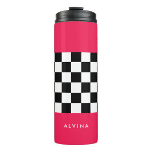 Bright pink and chequerboard thermal tumbler