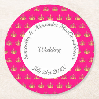 Bright pink and gold crown wedding round paper coaster