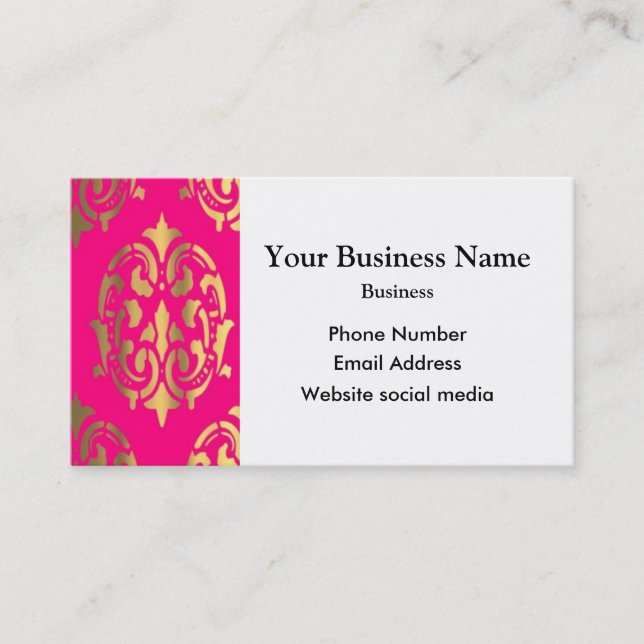 Bright pink and gold damask business card (Front)