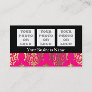 Bright pink and gold damask on black business card