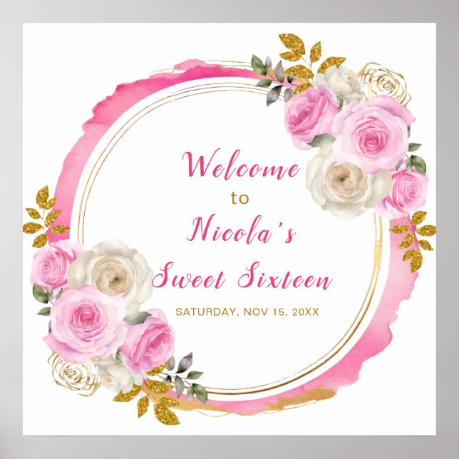 Bright Pink and Gold Elegant Flower Sweet Sixteen  Poster (Front)