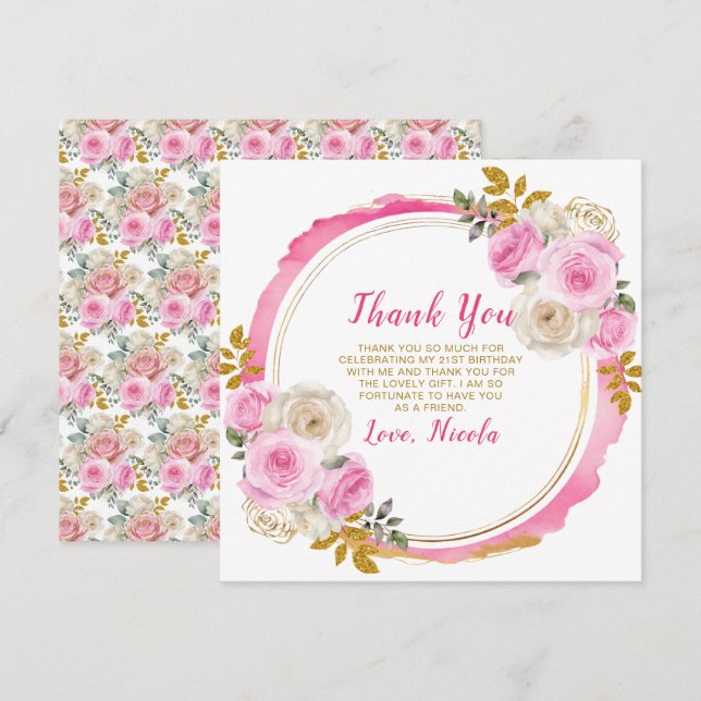 Bright Pink and Gold Elegant Flowers Birthday  Thank You Card (Front/Back)
