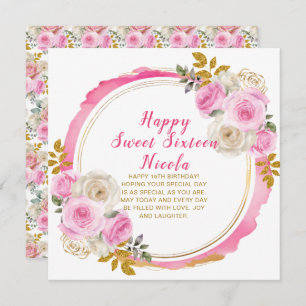 Bright Pink and Gold Elegant Flowers Sweet Sixteen Card