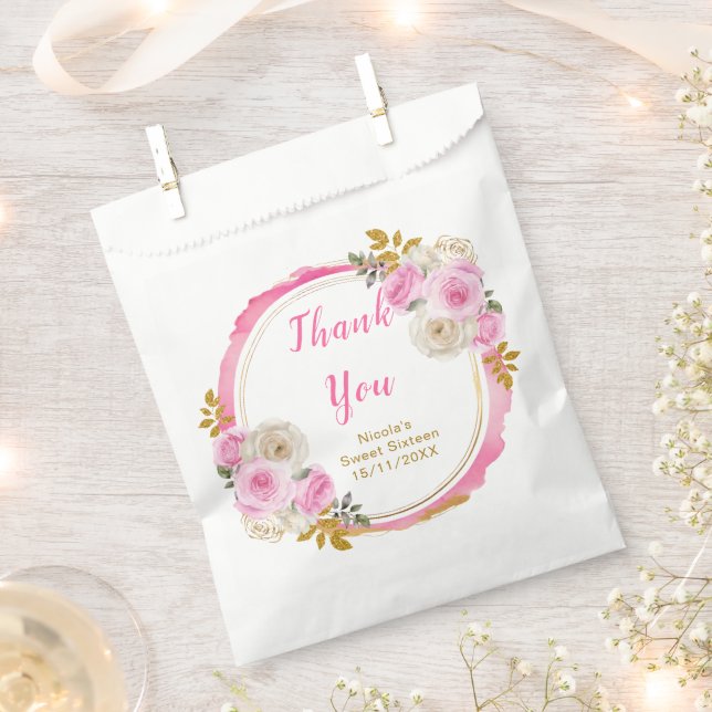 Bright Pink and Gold Elegant Flowers Sweet Sixteen Favour Bag (Clipped)