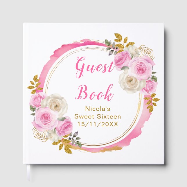 Bright Pink and Gold Elegant Flowers Sweet Sixteen Guest Book (Front)