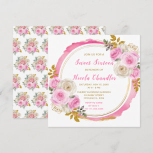 Bright Pink and Gold Elegant Flowers Sweet Sixteen Invitation