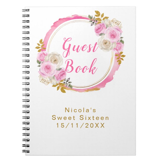 Bright Pink and Gold Elegant Flowers Sweet Sixteen Notebook (Front)