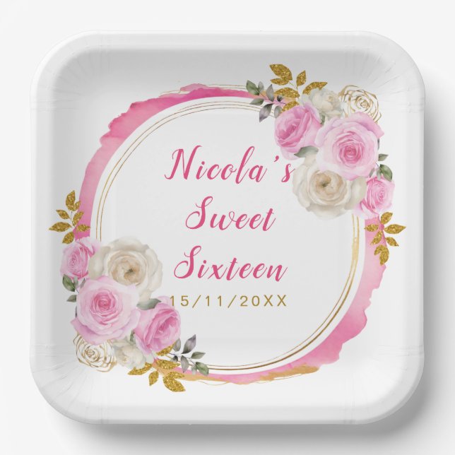 Bright Pink and Gold Elegant Flowers Sweet Sixteen Paper Plate (Front)