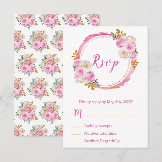 Bright Pink and Gold Elegant Flowers Sweet Sixteen RSVP Card (Front/Back)
