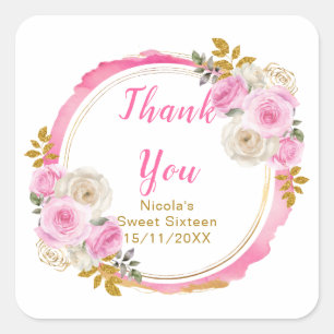 Bright Pink and Gold Elegant Flowers Sweet Sixteen Square Sticker
