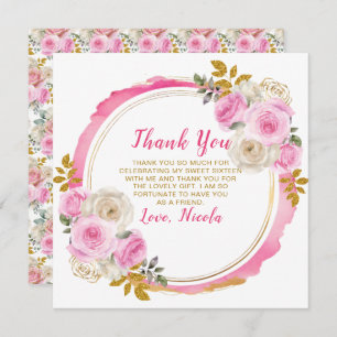 Bright Pink and Gold Elegant Flowers Sweet Sixteen Thank You Card