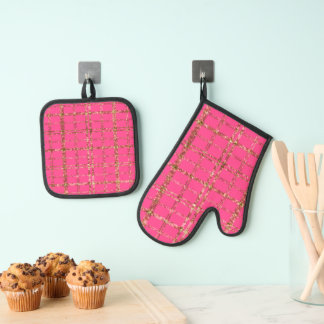 BRIGHT PINK AND GOLD GLITTER LOOK PLAID PATTERNS OVEN MITT & POT HOLDER SET