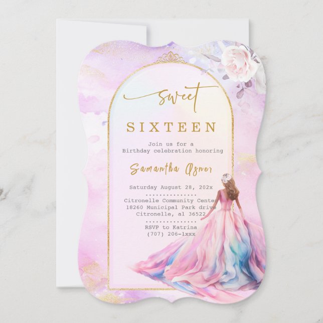 Bright Pink and Gold Sweet Sixteen Invitation (Front)