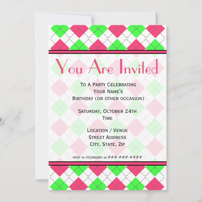 Bright Pink and Green Argyle Fashion Invitation (Front)