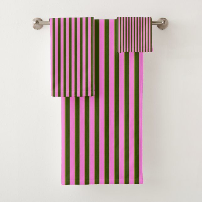 Bright Pink and Green Retro Stripe Modern Bath Towel Set (Insitu)