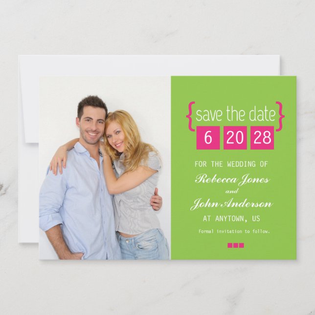 Bright pink and green Save the Date card (Front)