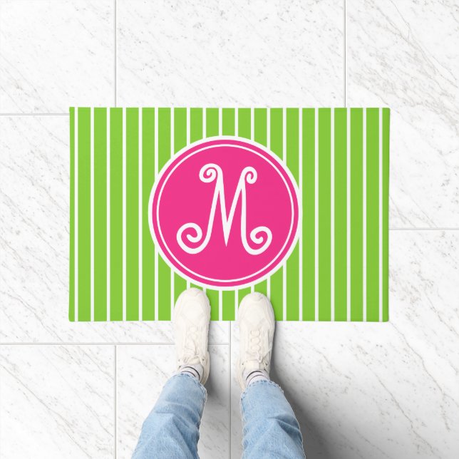 Bright Pink and Green Stripe Monogram Doormat (Indoor)
