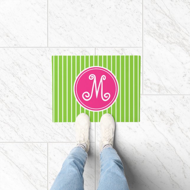 Bright Pink and Green Stripe Monogram Doormat (Indoor)