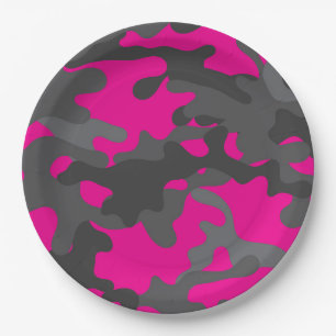 Bright Pink and Grey Camouflage Paper Plates