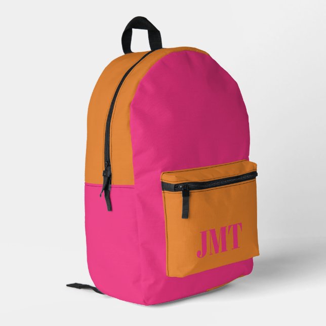 Bright Pink and Orange with Monogram Printed Backpack (Back Corner Left)