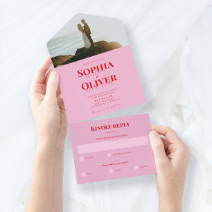 Bright pink and red photo wedding all in one invitation