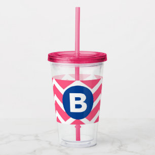 Bright Pink and White Chevron Pattern Monogram Acrylic Tumbler