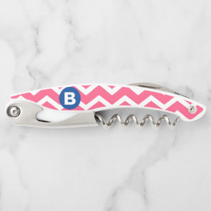 Bright Pink and White Chevron Pattern Monogram Corkscrew