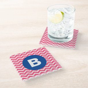 Bright Pink and White Chevron Pattern Monogram Glass Coaster
