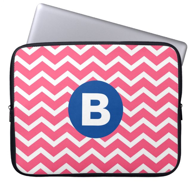 Bright Pink and White Chevron Pattern Monogram Laptop Sleeve (Front)