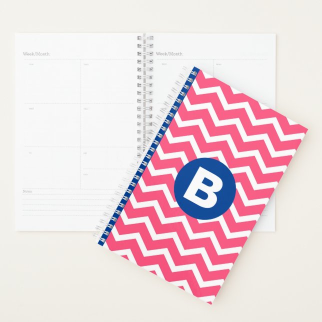 Bright Pink and White Chevron Pattern Monogram Planner (Display)
