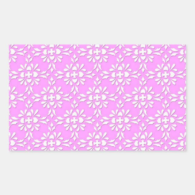 Bright Pink and White Damask Style Pattern Rectangular Sticker (Front)