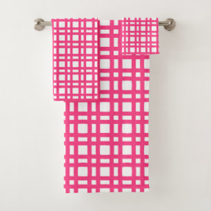 Bright pink and white grid trellis bath towel set