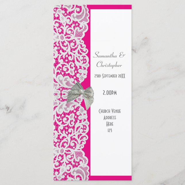 Bright pink and white lace church wedding program (Front)