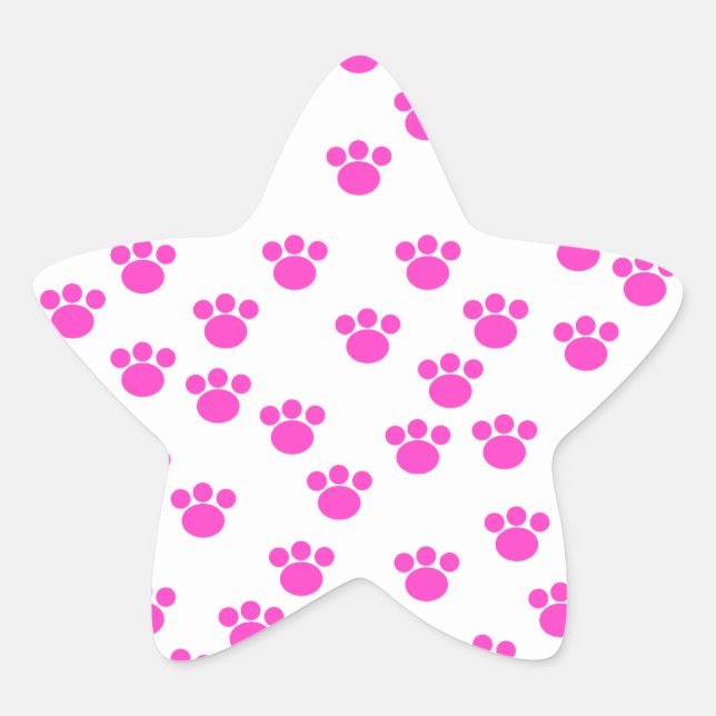 Bright Pink and White Paw Print Pattern. Star Sticker (Front)